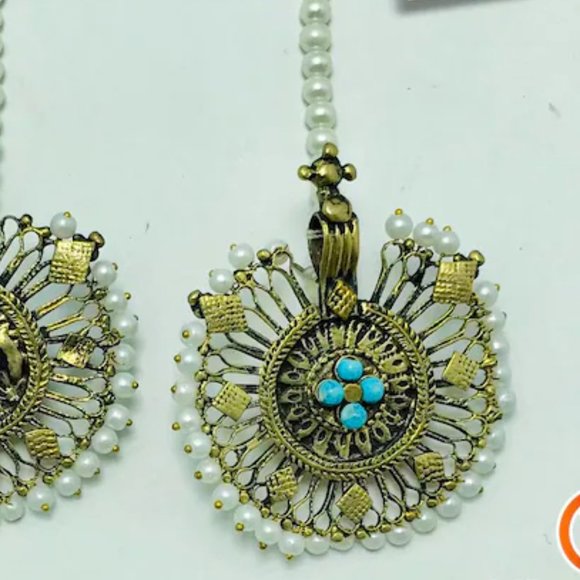 Tribal Jewelry Set With Pearls And Golden Big Motif, Turquoise Beaded Necklace - Picture 6 of 10